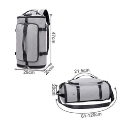 A grey convertible bucket backpack duffel bag with adjustable straps and multiple compartments. Features a logo.