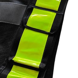 A safety vest featuring a black design with bright yellow reflective strips and an adjustable pocket.