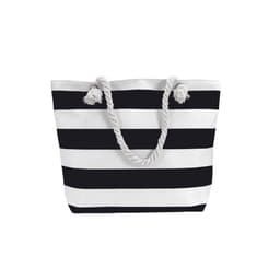 A tote bag with black and white stripes and a rope handle. It features a simple, stylish design.