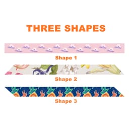 A patterned long scarf featuring floral and fruit designs in multiple shapes and colours, with a logo present.