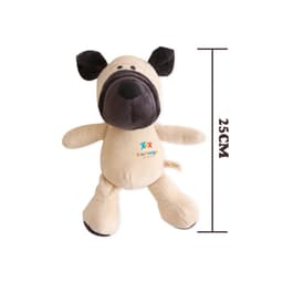 A beige dog plush toy with black ears and nose, featuring a branding tag, measuring 25 cm tall.