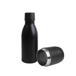 A drink bottle in matte black stainless steel with a detachable cap, featuring a sleek design and metal interior.