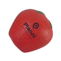 A red strawberry-shaped stress reliever with a green leaf and a logo on the surface.