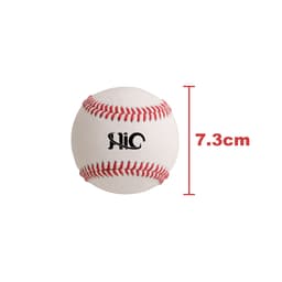 A training baseball in white with red stitching, featuring a logo on its surface, measuring 7.3 cm in diameter.