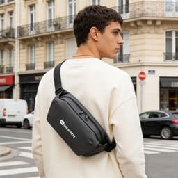 A black fanny pack with a logo, worn across the body by a person in an urban setting.