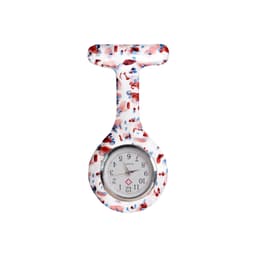 A silicone nurse watch in a colourful speckled pattern featuring a white base with red and blue accents.