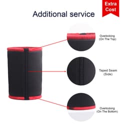 A stubby holder in black with red accents, featuring overlocking and taped seams. It has a simple design and a logo.