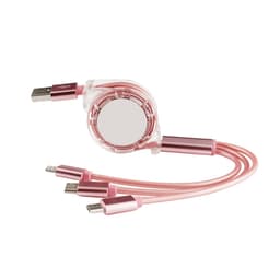 A pink retractable charging cable with USB, Lightning, and Micro USB connectors, featuring a clear casing and a logo.