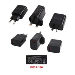 A collection of black power adapters features multiple configurations, including wall chargers and USB options.