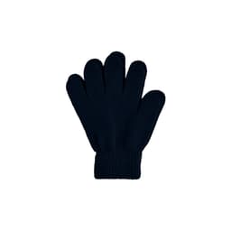 A pair of navy blue knitted gloves featuring a ribbed cuff and a woven label.
