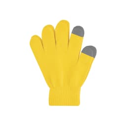 Yellow knitted gloves with a grey tip on the fingers, featuring a woven label.