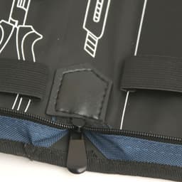 A black tool kit bag featuring a blue zip and various compartments for storing tools, with a logo visible.