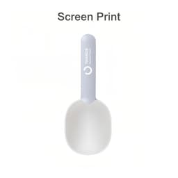 A pet food scoop in light grey and white with a logo on the handle.
