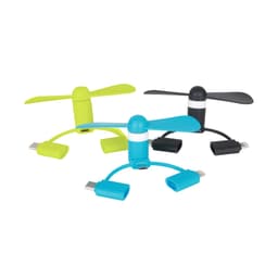 A collection of three smartphone fans in bright green, blue, and black, featuring USB connectors and a compact design.