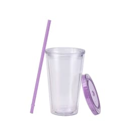 A transparent plastic cup in purple with a matching lid and straw, suitable for drinks.