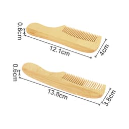 A natural small bamboo comb with handle in light brown, featuring a wide-tooth design and measurements indicated.