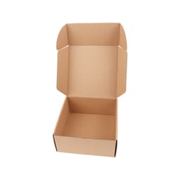 A large, empty cardboard shipper box in a natural brown colour, with an open lid and flaps.