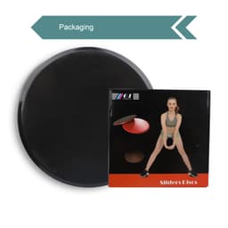 A black yoga sliding disk alongside its packaging, featuring an image of a person demonstrating its use.