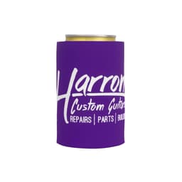 A purple stubby holder designed for drink cans, featuring a logo and text.