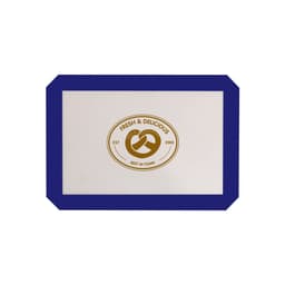 A silicone baking mat in white with a blue border and a circular logo in the centre.