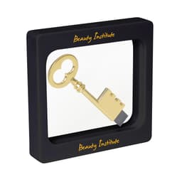 A square floating box displaying a gold key inside, framed in a black casing with a logo.