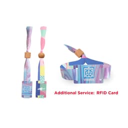 A multi-coloured RPET fabric wristband featuring a bamboo toggle and a logo. Suitable for events and exhibitions.