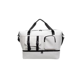 A white travel weekender bag with black straps and multiple exterior pockets. It features a logo on the side.