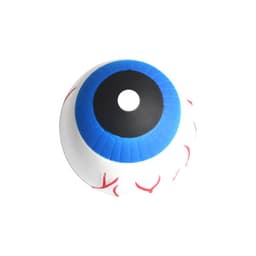 A 63mm eyeball-shaped stress ball in white, blue, and red, featuring black and blue detailing with a logo.