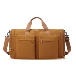 A foldable travel duffle bag in a warm mustard colour with two front pockets and adjustable strap.