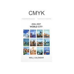 A vertical wall calendar featuring artistic images of world cities in vibrant colours, with a logo at the top.