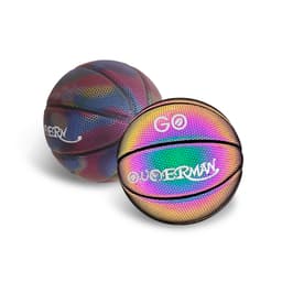 A holographic basketball in shades of purple, blue, and pink, featuring a logo on its surface.
