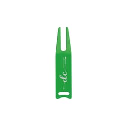 A green golf divot tool with a logo, featuring a forked end and a handle for easy grip.