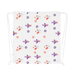 A drawstring cotton bag featuring a playful pattern of purple and red planes on a white background with colourful swirls.