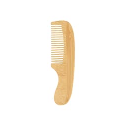 A natural small bamboo comb with a handle, featuring a light brown colour and a sleek design. It includes a logo.