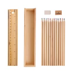 A wooden pencil set featuring 12 coloured pencils, a natural wood ruler, an eraser, and a sharpener in a box.