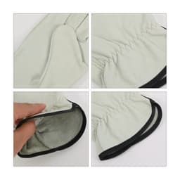 Leather work gloves in light grey with black trim, featuring elasticised cuffs and close-up views of the interior and seams.