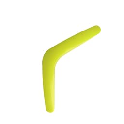 A bright yellow V-shaped boomerang toy with a glossy finish. It features a logo on one side.