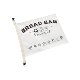 A reusable linen bread bag in natural colour features various icons and a logo, secured with a toggle closure.