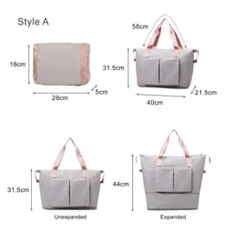 A foldable sports duffle bag in grey with pink straps, displaying both expanded and unexpanded views. Features pockets.