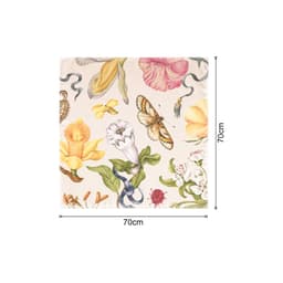A square scarf featuring a twill weave with a floral and insect design in vibrant colours on a cream background.