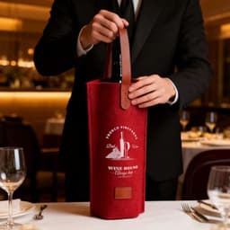 A red felt wine bag featuring a leather handle, holding a wine bottle, set on a dining table.