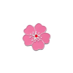A pink soft enamel golf ball marker shaped like a flower, featuring a red centre and silver outline.