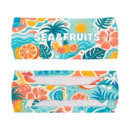 A vibrant polyester spandex sport headband featuring colourful tropical patterns and a logo, with shades of blue, orange, and green.