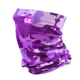 A purple camo polyester neck gaiter with a logo, designed as a clothing accessory.