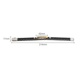 A black leather bracelet with silver ends and a central decorative plate, featuring a logo.