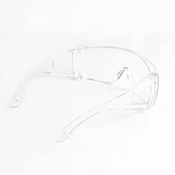 Clear anti-fog safety protective goggles with a sleek design and a logo on the side.
