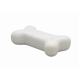 A white bone-shaped stress reliever with a smooth surface, featuring a logo on one side.