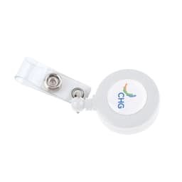A round retractable card holder in white with a clear strap and a logo on the front.