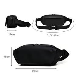 A black fanny pack with adjustable straps, measuring 28cm x 15cm x 11cm, featuring a logo.