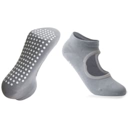 Open top yoga socks in grey with a non-slip dotted sole and a rounded design. Features a logo on the side.